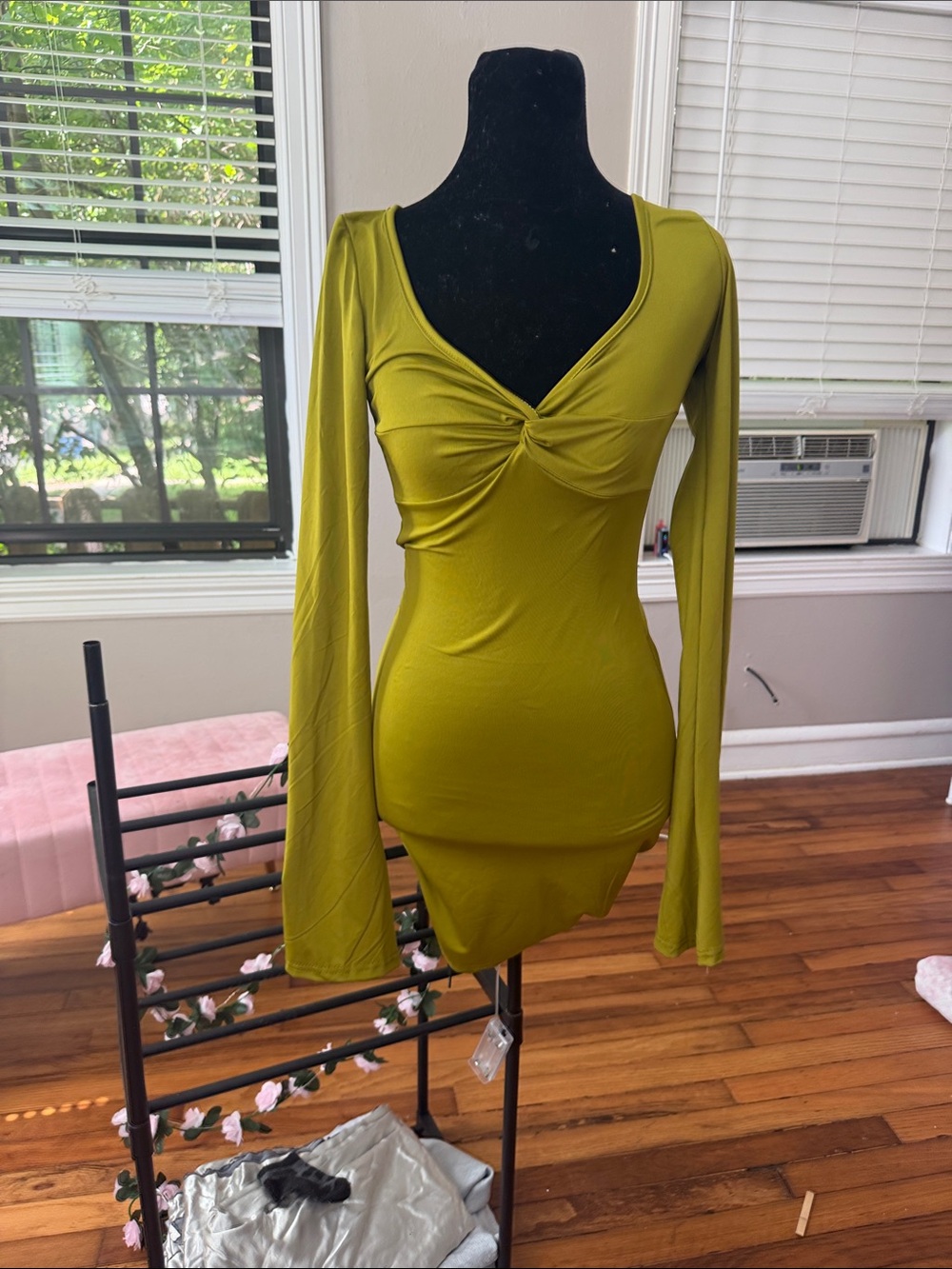 Olive Green Twist-Front Long Sleeve Women's Dress